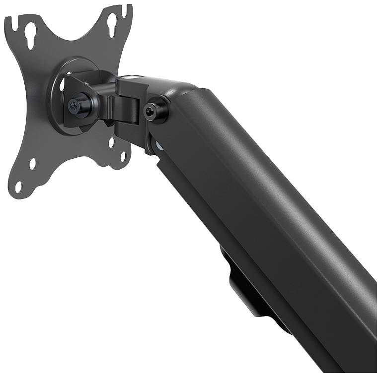 A black adjustable monitor arm with VESA mount for desk attachment. Suitable for flexible positioning.