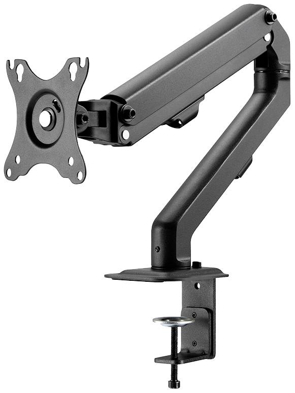 A black, adjustable metal monitor arm with a screw clamp for mounting to a desk, suitable for VESA-compatible displays.