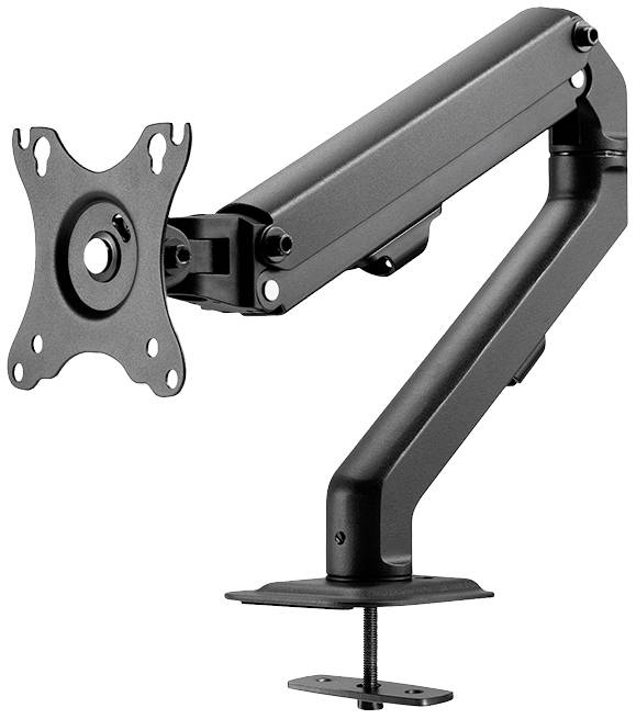 Black monitor arm with adjustable joint, clamped to a desk edge. Suitable for flexibly mounting monitors.