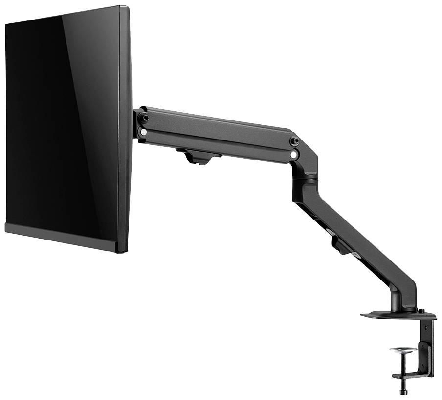 A black monitor arm with swivel mechanism and clamp fixing for desk mounting, suitable for a computer screen.