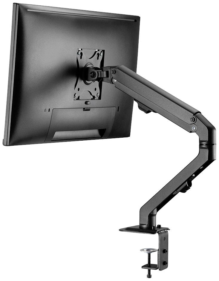 Monitor arm mounted on a desk, holding a display screen.
