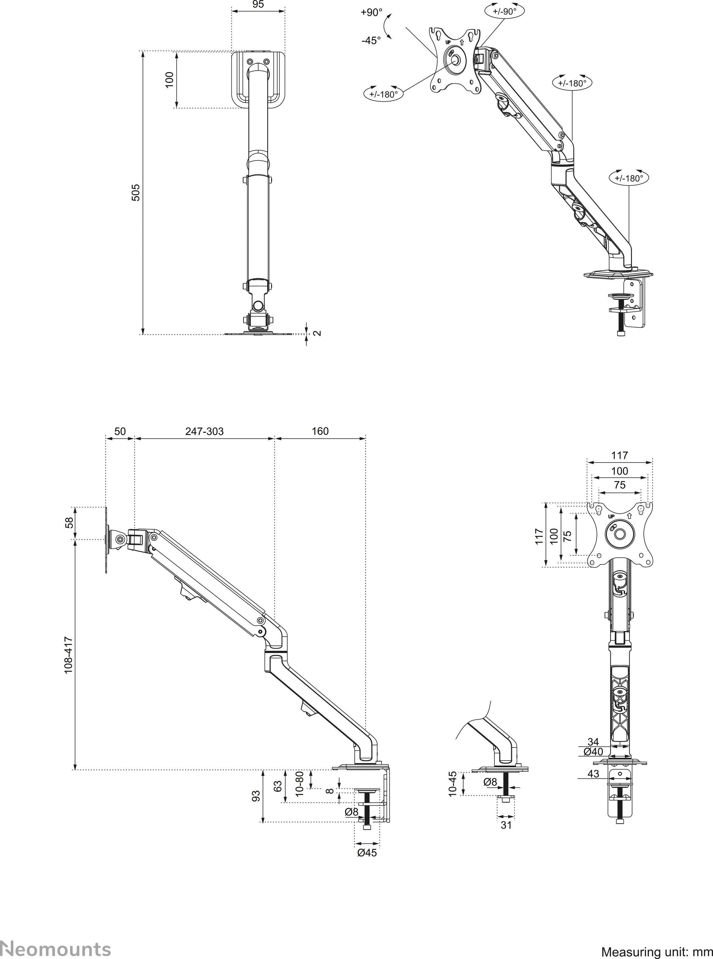 'Technical drawing of a monitor tilt adjuster with dimensions in mm, including range of motion and mounting details.'