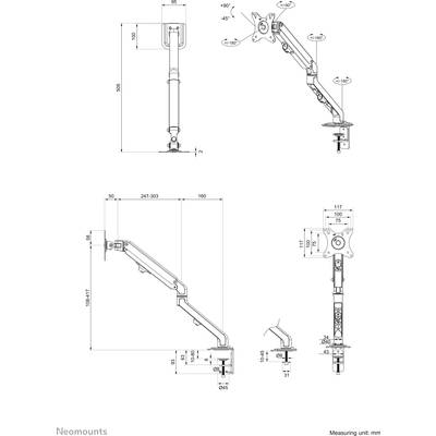 'Technical drawing of a monitor tilt adjuster with dimensions in mm, including range of motion and mounting details.'
