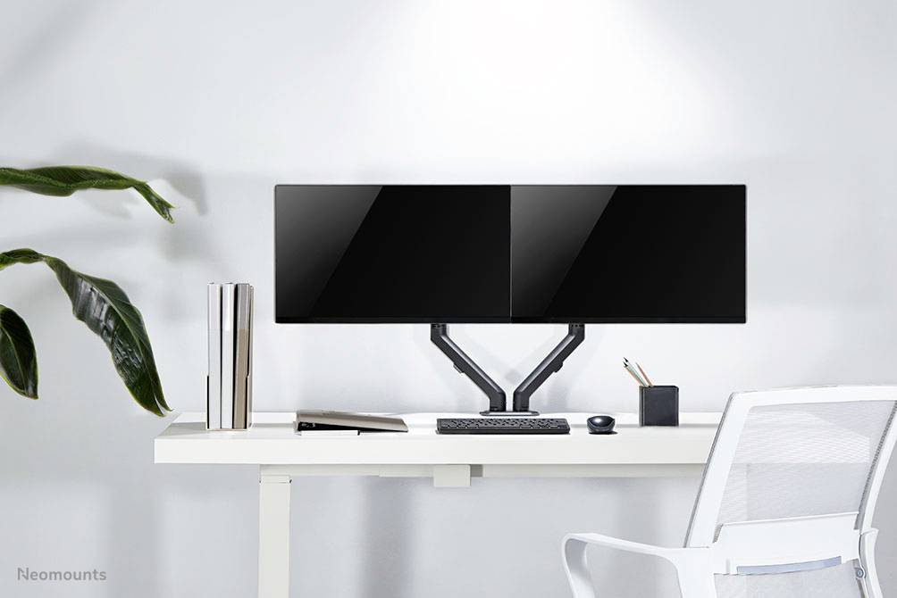 A desk with two flat-screen monitors mounted side by side, a keyboard, a mouse, and plants, all in a modern design.