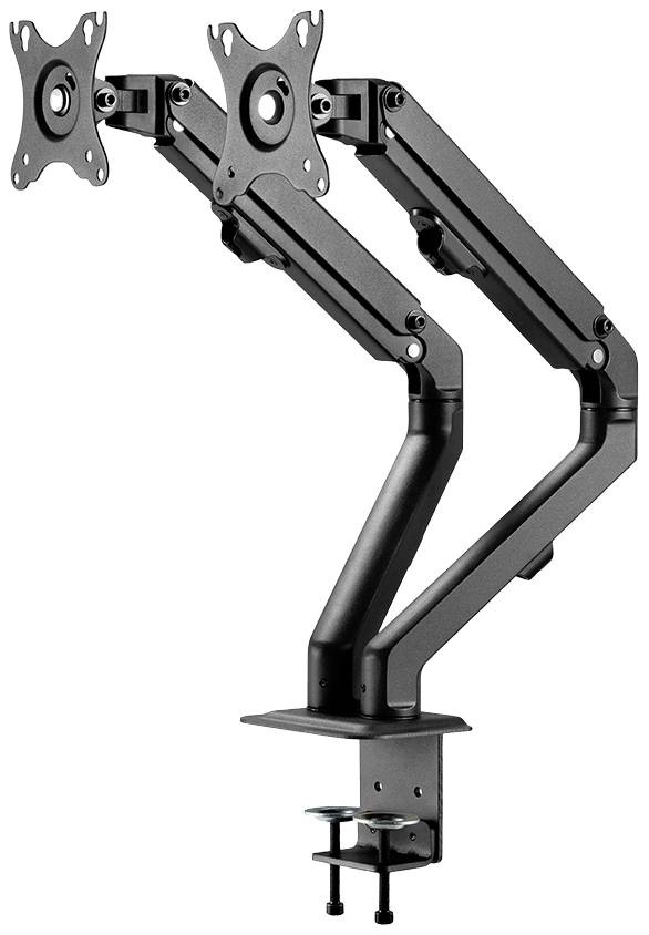 Two black screen mounts with adjustable arms and desk mounting. Suitable for mounting two monitors.