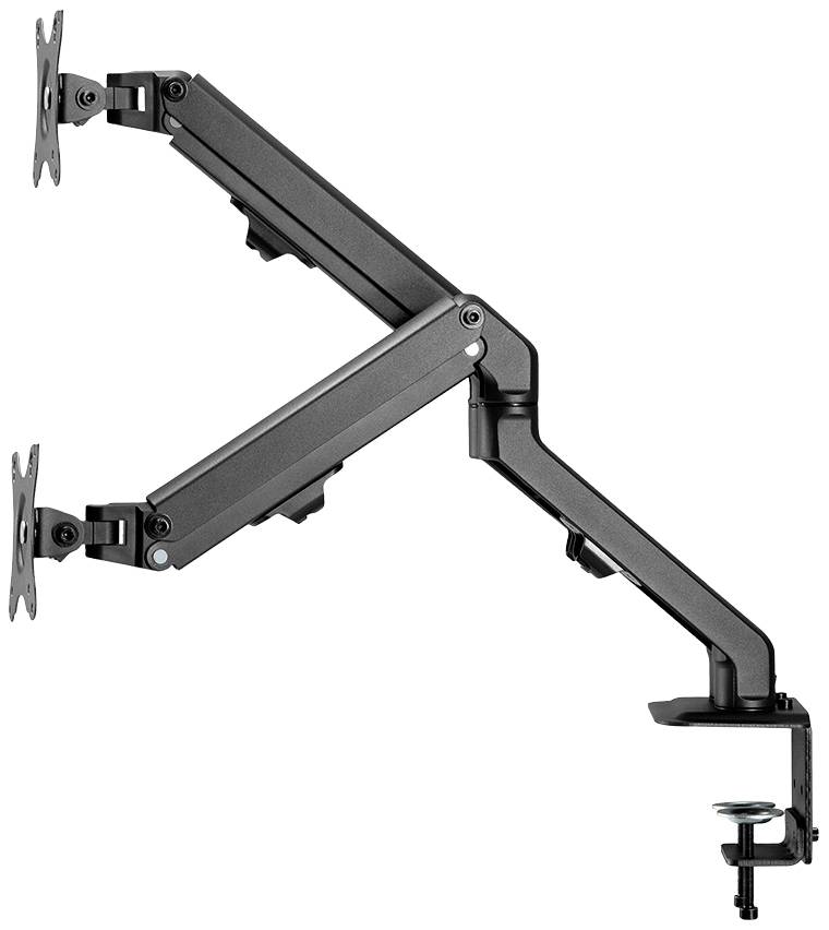 Two black monitor arms for the desk, adjustable and rotatable, with desk clamp for flexible mounting of screens.