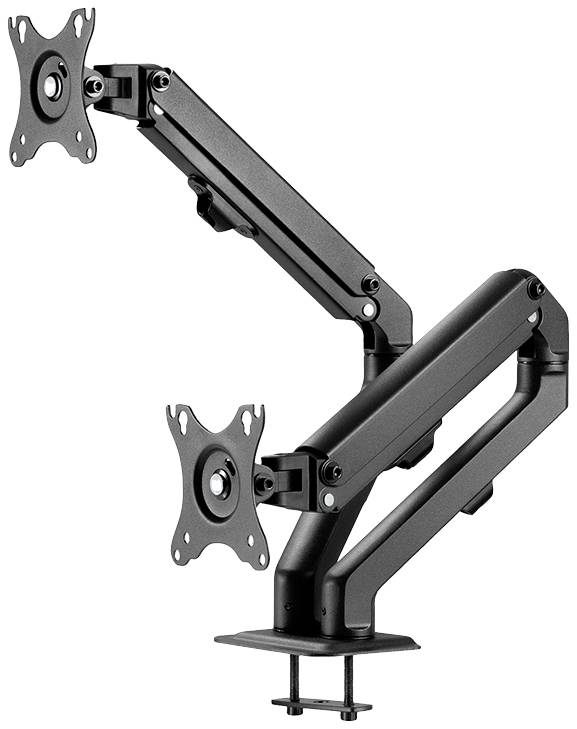 Double monitor arm with two adjustable, black mounting arms and clamp fixing, suitable for two screens.
