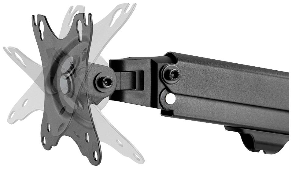 Monitor mount with articulating arm, showing adjustment options in various directions.