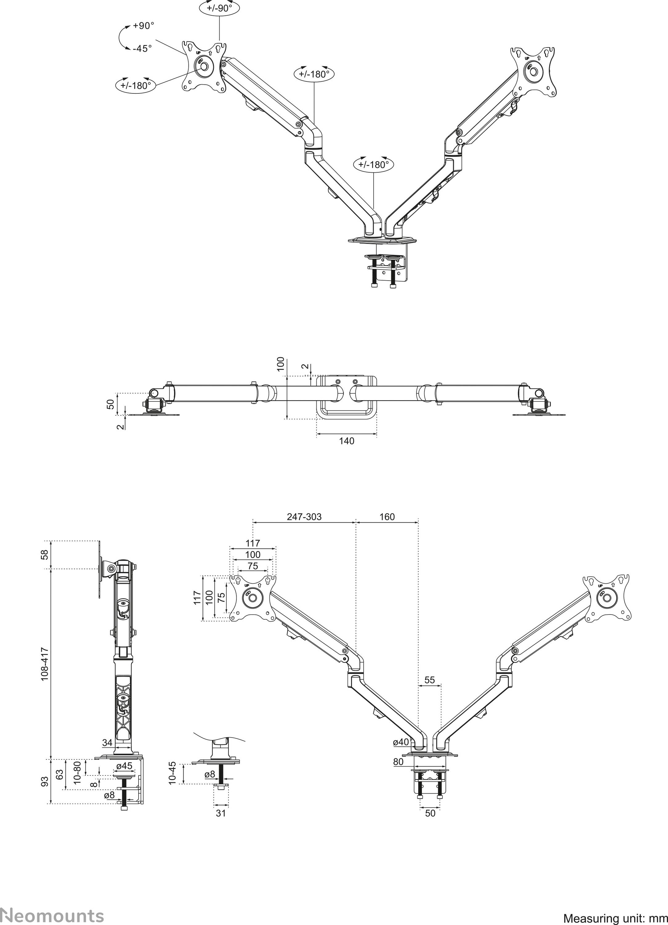 Diagram of an adjustable monitor arm with dimensions in millimetres. Shows details of reach, rotation, and mounting.