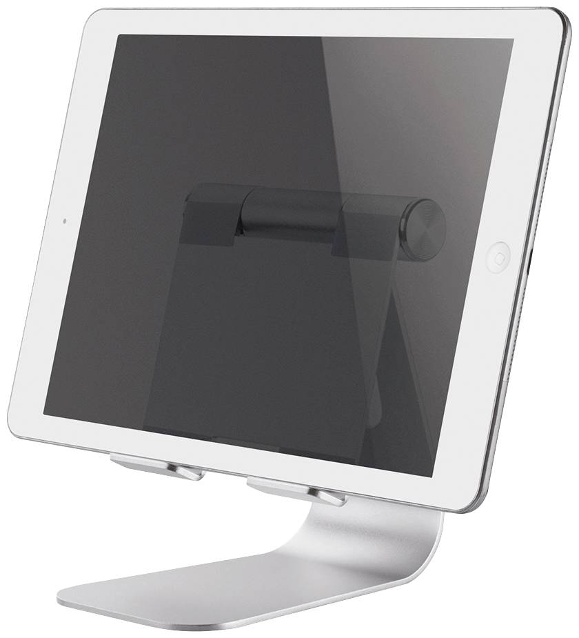 A silver tablet stand holds a tablet in an upright position. The stand features a curved base with a simple, elegant design.
