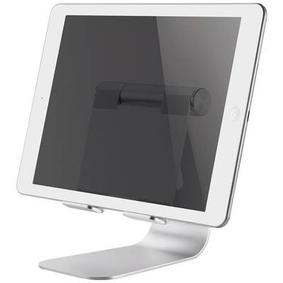 A silver tablet stand holds a tablet in an upright position. The stand features a curved base with a simple, elegant design.