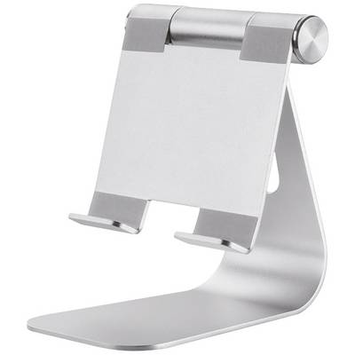 A silver, adjustable aluminium stand for supporting tablets or smartphones. Minimalist design with a foldable back.