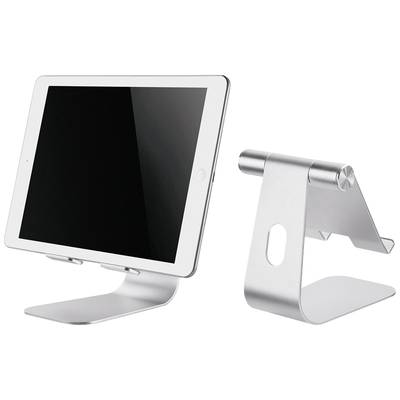 A silver, metallic tablet stand displays a tablet in portrait orientation. Next to it, the empty stand is visible from the side.