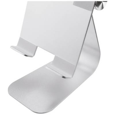 A silver metal stand designed to hold an electronic device such as a tablet or smartphone securely and upright.