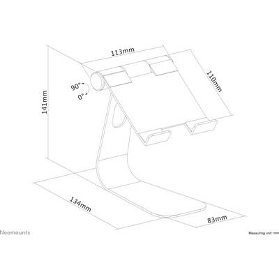 Technical Drawing of an Adjustable Tablet Stand with Dimensions: Height 141mm, Width 113mm, Depth 134mm. Adjustable 90° Tilt.