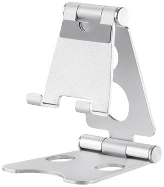 Silver, foldable mobile phone or tablet stand made of metal with an adjustable angle. Suitable for comfortably viewing devices on a table.