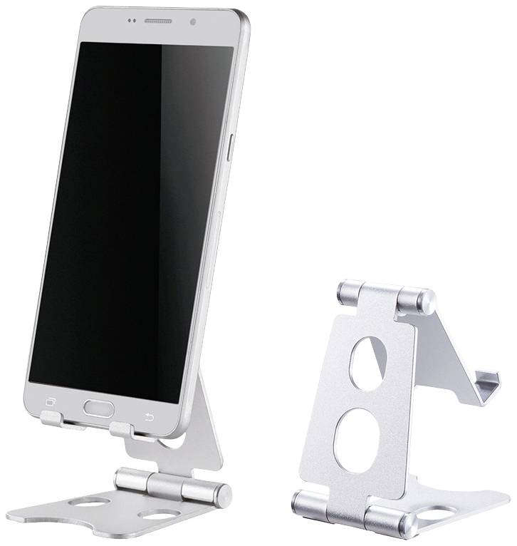 A silver smartphone stand holds a smartphone upright. Next to it is an empty, identical stand. Ideal for hands-free use.