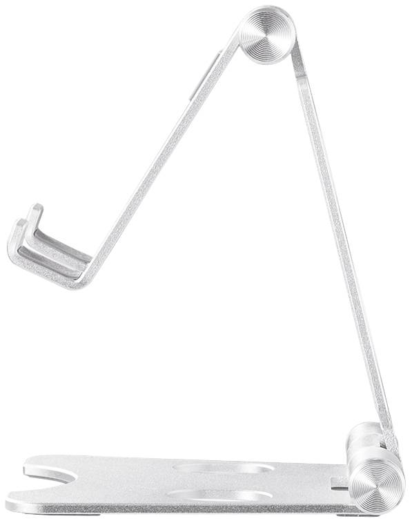 A silver metal stand in a triangular shape, supporting tablets or smartphones, with adjustable height and tilt angles.