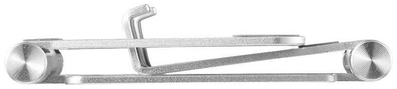 Silver, folding metal laptop stand viewed from the side, showing its flat and compact design.