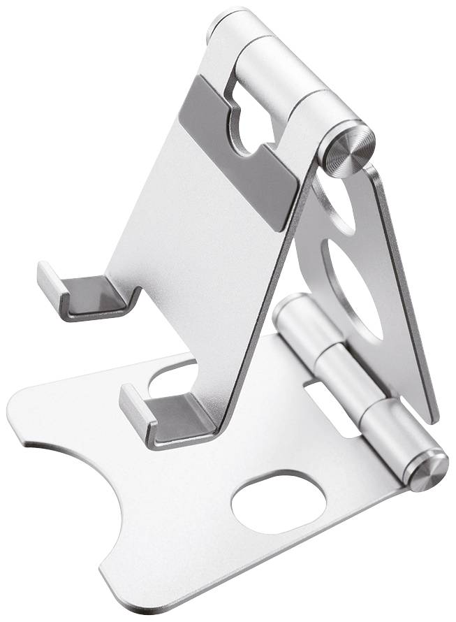 Silver, foldable tablet or mobile phone holder with a sturdy base and non-slip rubber grips in a modern design.