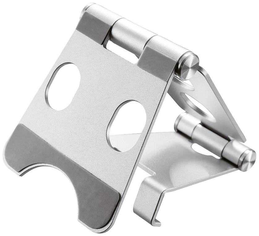 A silver-coloured, adjustable stand for mobile phones that is robust and portable. Ideal for holding devices on a table.