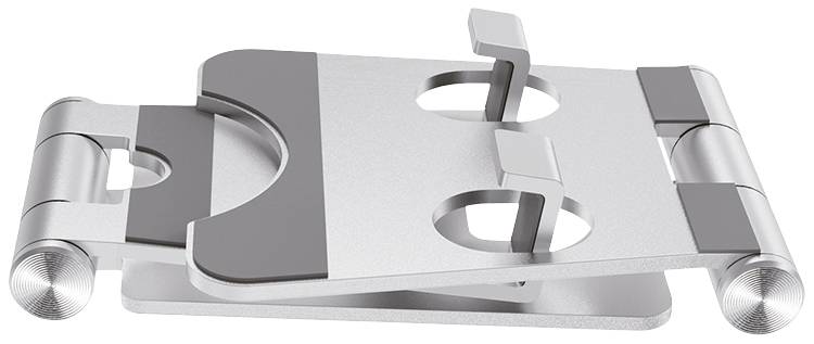 Silver adjustable tablet holder with two foldable levers and round cut-outs on the base, suitable for various device sizes.