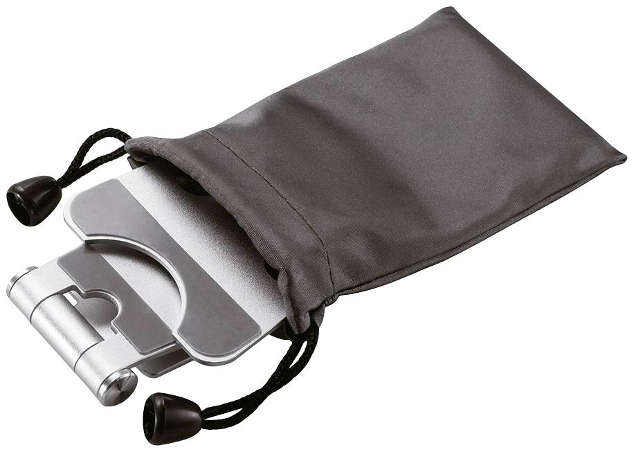 A foldable, silver laptop stand, partially stored in a black fabric bag with drawstrings on the sides.