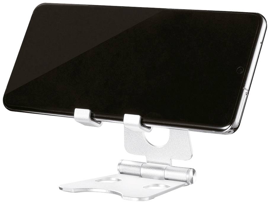 Smartphone on a silver, adjustable stand. Device positioned horizontally, screen black. Ideal for hands-free viewing.