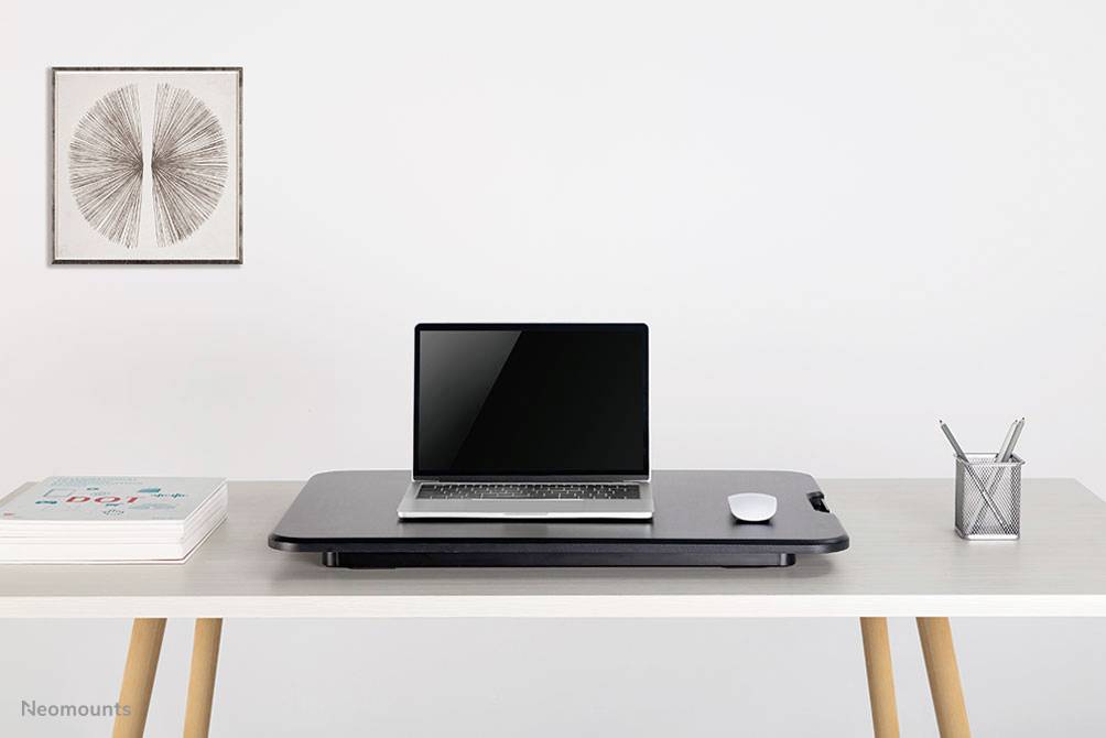 A clean, modern desk with a laptop on a black desk riser, a mouse to the right, books to the left. A pen holder on the right side. Artwork on the wall in the background.
