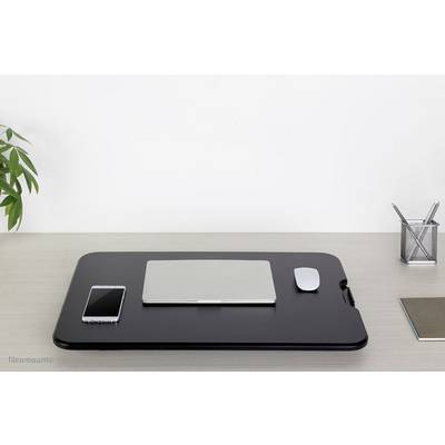 A tidy desk with a black laptop stand on top. Beside it are a mobile phone, a mouse and a pen holder.