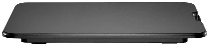Flat, rectangular, black non-stick griddle plate with rounded corners and smooth surface, suitable for frying and grilling.