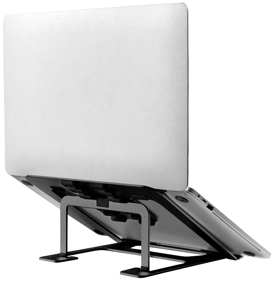 A silver laptop on a black, ergonomic stand that raises the screen and improves ventilation.