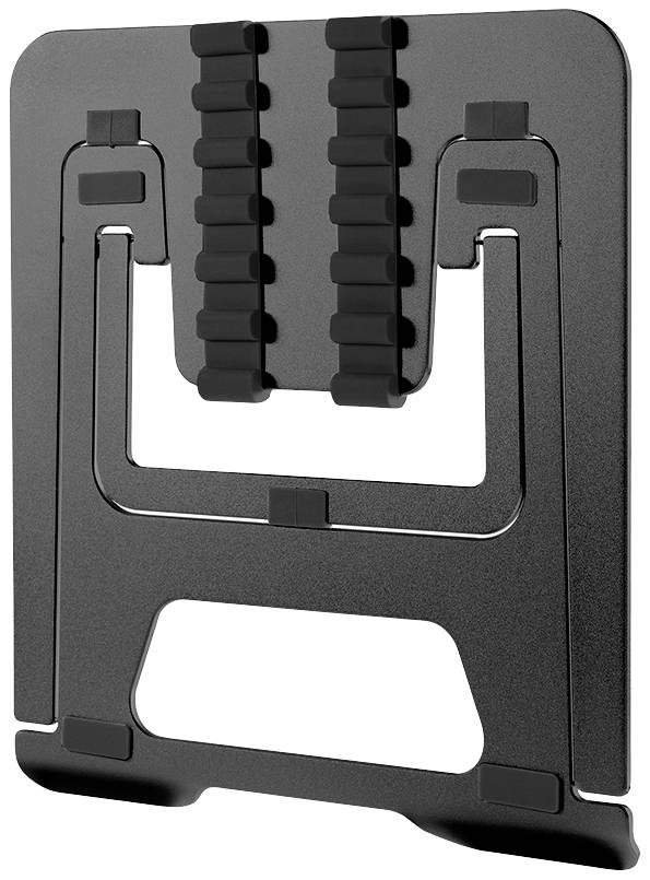 Black, foldable metal laptop stand with non-slip rubber pads. Supports various viewing angles.