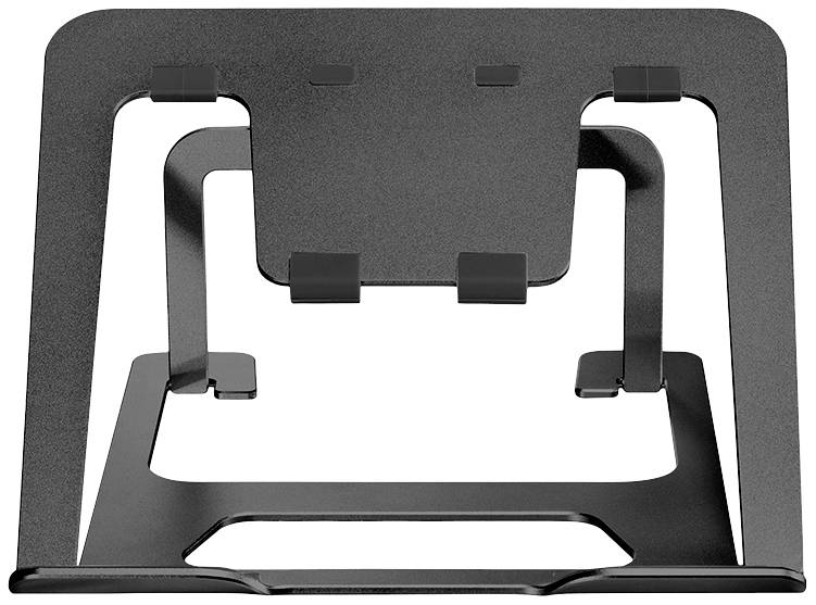 A black metal laptop stand with adjustable mounting brackets, suitable for supporting laptops of various sizes.