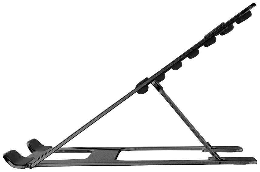 A black laptop stand viewed from the side, adjustable with multiple angles, provides ergonomic support for the laptop.