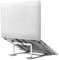 Silver laptop stand that holds the laptop at an angled position to improve ventilation and promote ergonomic working.