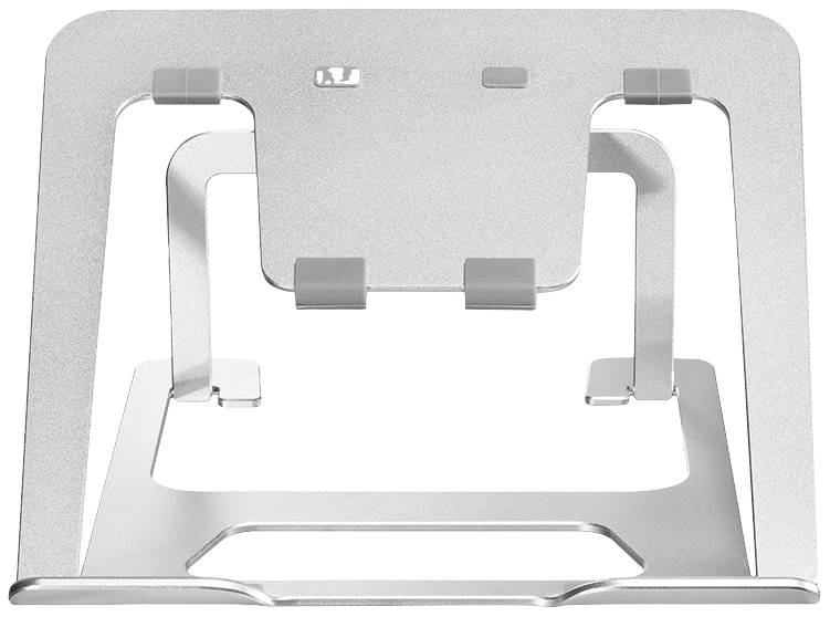 Laptop stand made from silver-coloured metal with adjustable mounting, raised and ventilated, to improve ergonomics when working.