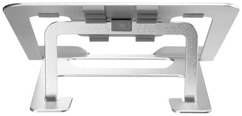 A silver metal laptop stand viewed from the side. The stand has a stable base and is designed for ergonomic laptop positioning.