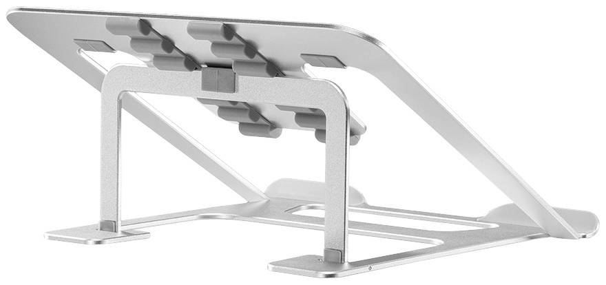 Metallic laptop stand, adjustable, with non-slip rubber pads on the top surface.