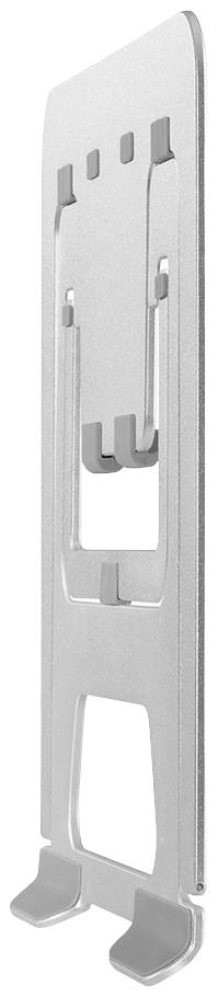 A silver-coloured, upright metal frame with cut-out shapes. Could be used as a holder or stand.