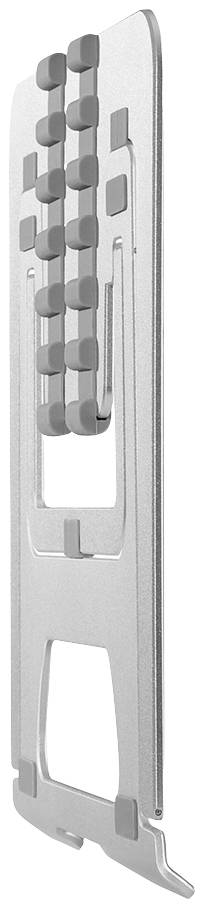 A silver hardware component with a rectangular shape and multiple holes, likely for mounting or internal computer connections.