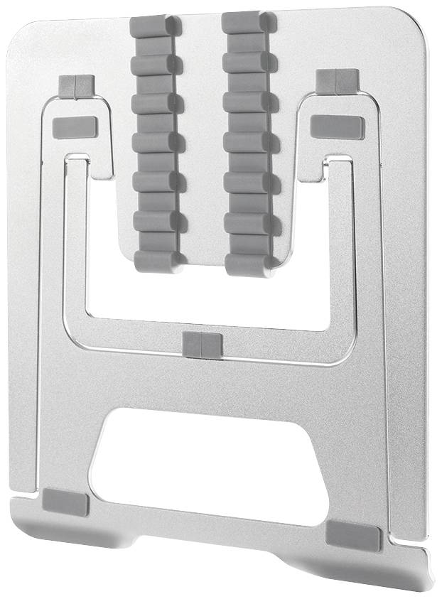 A silver, foldable laptop stand with grey non-slip silicone pads that provide stability.