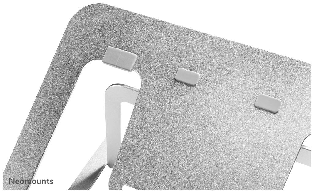 A silver, adjustable metal laptop stand with non-slip pads, side view.
