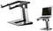 A height-adjustable laptop stand made of metal. Left side empty, right side with a laptop placed on it. Improves visibility and ergonomics.