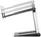 Ergonomic monitor arm with adjustable height and tilt, showing range of movement. Ideal for optimising workspace.