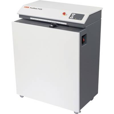 A white, mobile paper shredder from the brand HSM ProfiPack P425 with control elements on the top and an emergency stop button.
