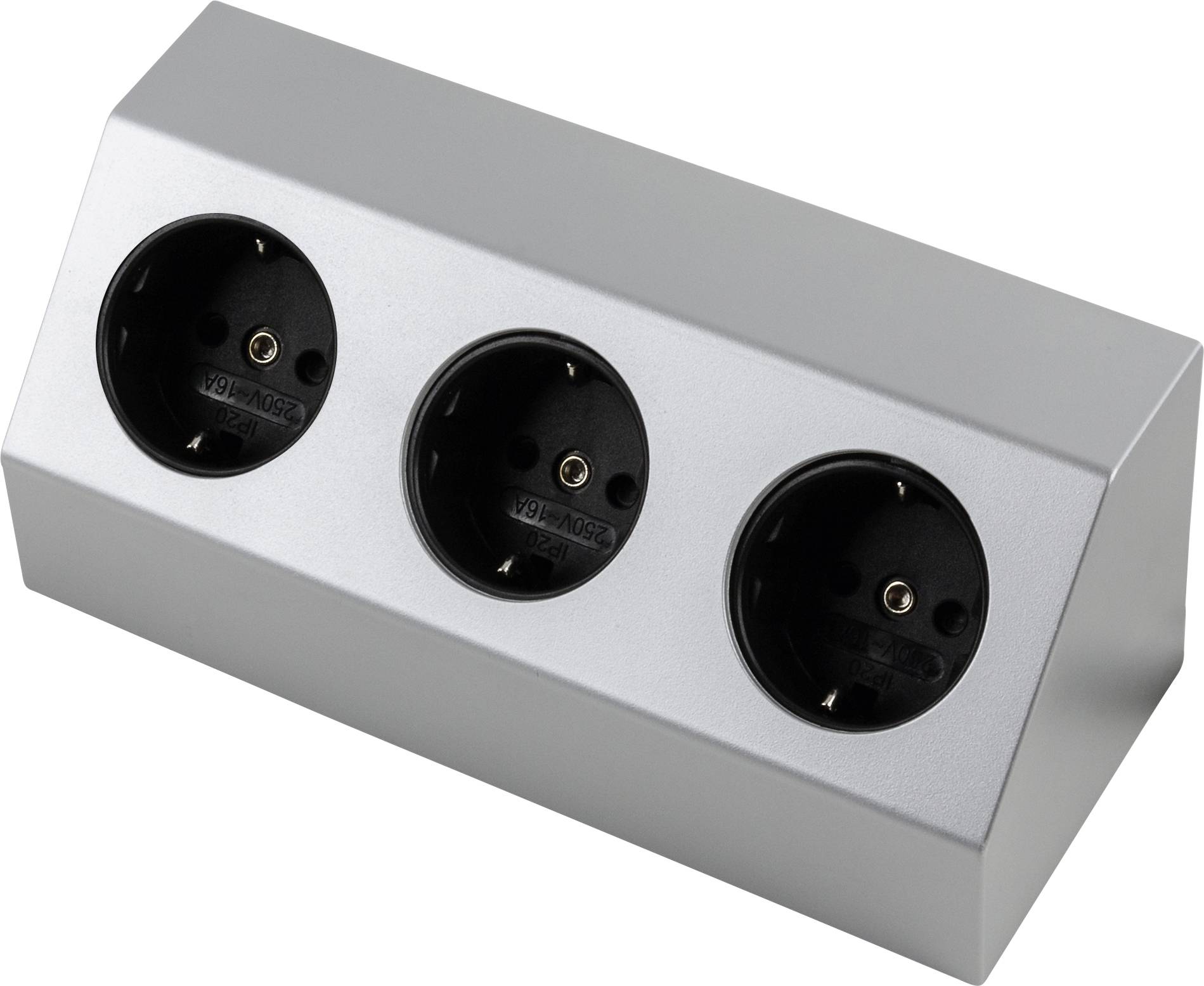 'Triple socket with black interior in a silver casing, suitable for use on tables or work surfaces.'