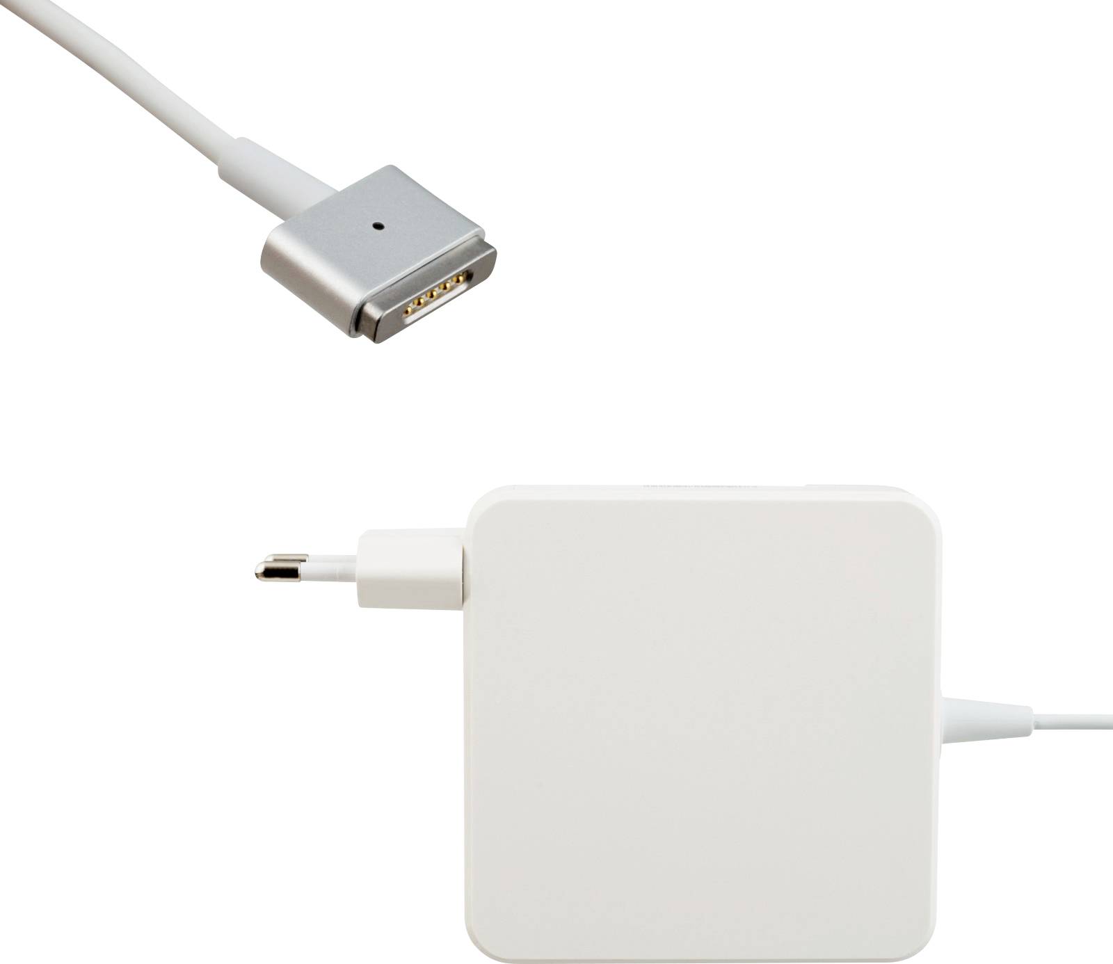 A white laptop power adapter with a rectangular design and a detachable MagSafe connection, used for charging a MacBook device.