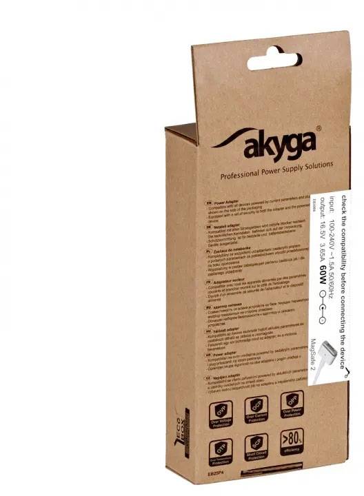A packaging for a power supply unit by 'akyga', featuring technical specifications and safety warnings on the side.
