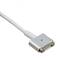 White magnetic laptop charging cable with rectangular, flat plug and gold contacts, isolated against a white background.